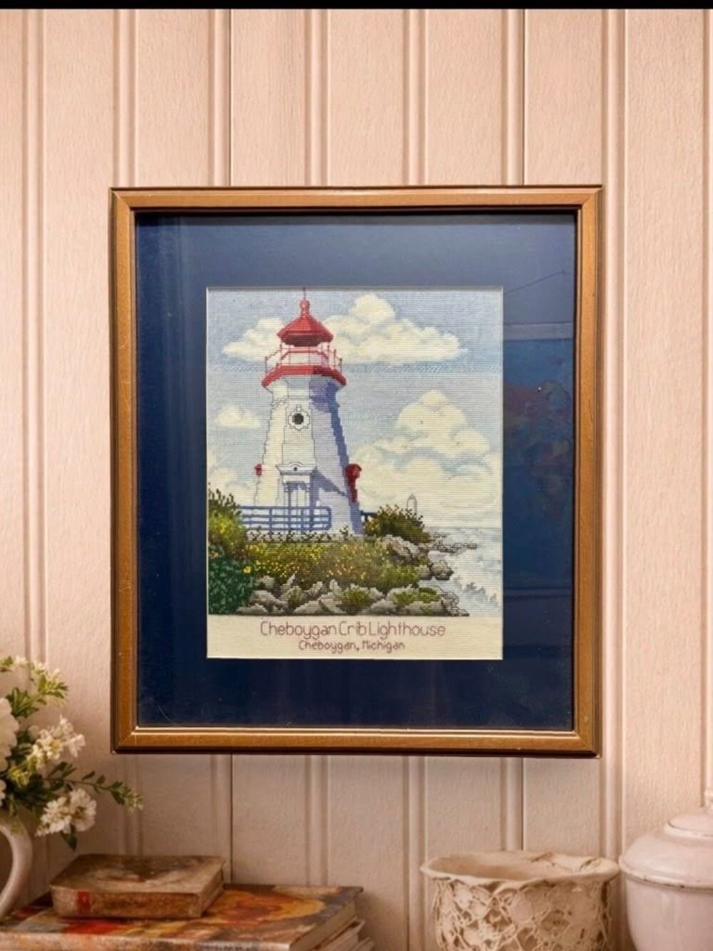 Framed Cross-Stitch Cheboygan Crib Lighthouse Artwork - Nautical Wall Decor